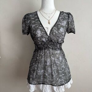 y2k black sheer floral blouse 
with v-neckline
size small